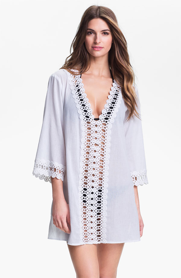 F4385-4White Long Sleeves Deep V-neck Crochet Trim Casual Cover-up